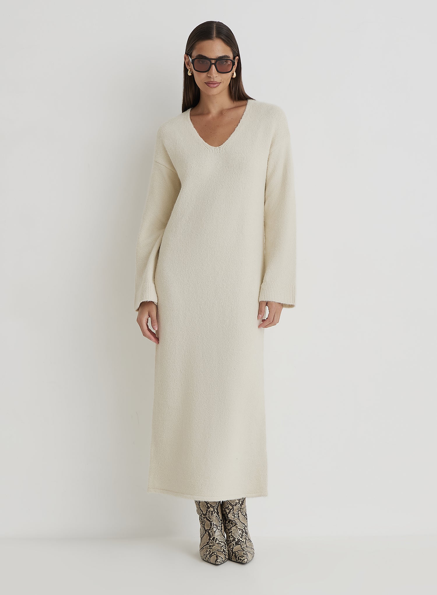 Cream V Neck Knitted Maxi Dress